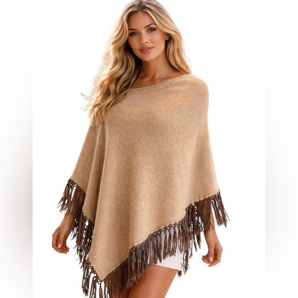 TESMA Accessories - TESMA CASHMERE NWT Tan 100% Cashmere with Leather Fringe Poncho/Wrap